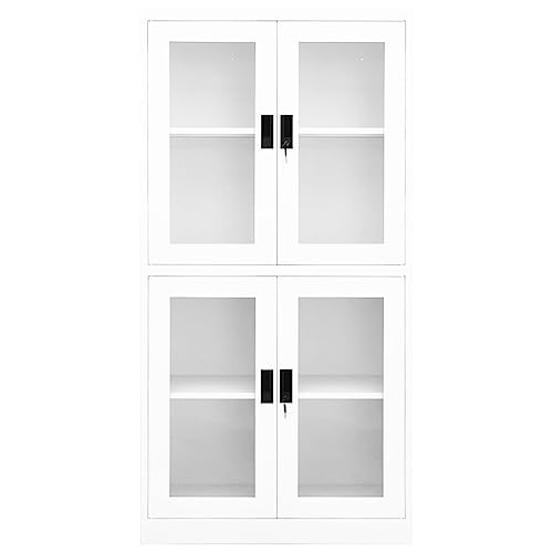 vidaXL White Steel and Tempered Glass Scandinavian Style Office Cabinet with Adjustable Shelves and Lock - 35.4"x15.7"x70.9