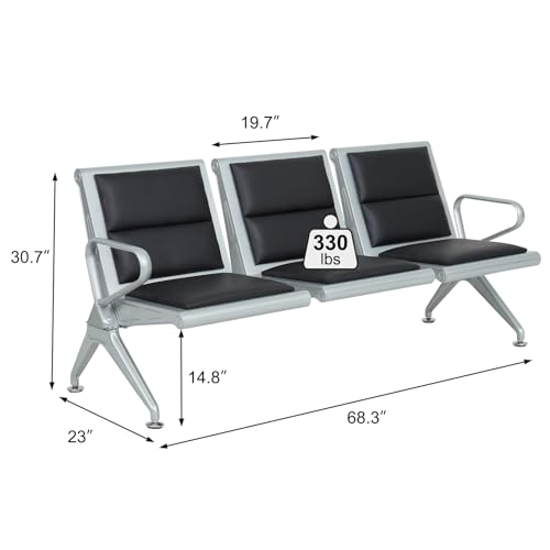 Kinfant 3-Seat Metal Waiting Room Chair Set with Armrests, PU Leather - Black (Set of 3)
