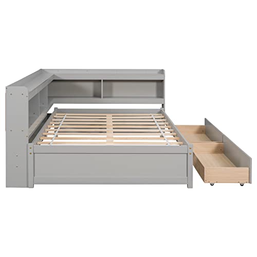 BQXDJT Full Size Wood Floor Bed with L-Shaped Bookcases and Storage Drawers - Grey