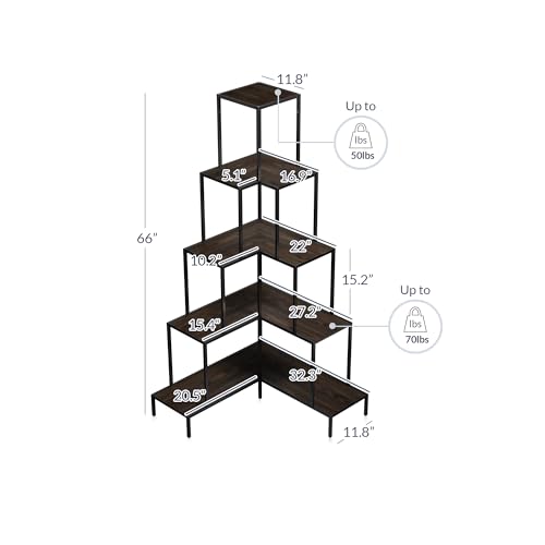 BELLEZE 5-Tier Corner Bookshelf with RGB Light, Remote Control - 66" Tall L-Shaped Bookcase - Gray