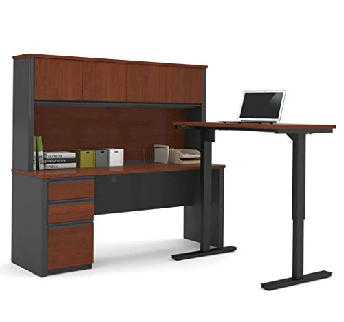 Bestar Prestige + L-Desk with Hutch Including Electric Height Adjustable Table, Bordeaux/Graphite