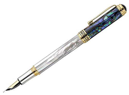 Xezo Maestro Fountain Pen, Medium Nib. Iridescent Oceanic Origin White Mother of Pearl and Paua Sea Shell. 18 Karat Gold and Pure Platinum Plating. No Two Alike