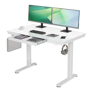 YDN Electric Glass Standing Desk with Drawers, 48 x 24 Inch, Adjustable Height, USB Ports - White