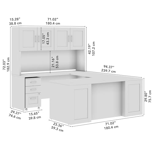 Bush Business Furniture Hampton Heights 72W x 30D U Station with Hutch, 3 Drawer Mobile File Cabinet in White