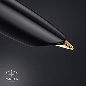 Parker 51 Fountain Pen | Deluxe Black Barrel with Gold Trim | Fine 18k Gold Nib with Black Ink Cartridge | Gift Box