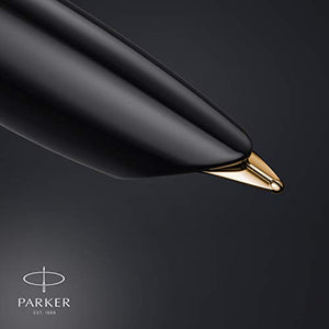 Parker 51 Deluxe Fountain Pen | Black Barrel and Gold Attributes | Medium Nib in 18 Carat Gold | Black Ink Cartridge | Delivered in Gift Box