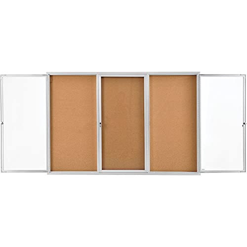 3 Door Enclosed Bulletin Board, Cork, Aluminum Frame. 72" x 48"
