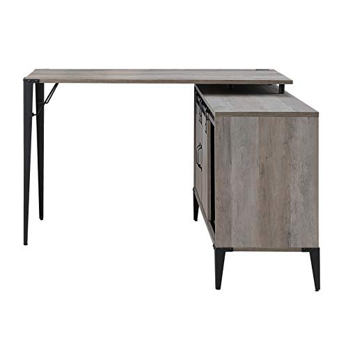 Knocbel Farmhouse L-Shaped Computer Desk with Sliding Barn Door Storage Cabinet and Cord Management, Home Office Workstation Writing Table with Metal Legs, 48" L x 48" W x 31" H (Gray Oak and Black)