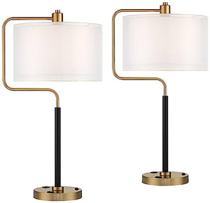 Possini Euro Design Carlyle 30 1/2" Tall Large Mid Century Modern Glam Luxe Desk Lamps Set of 2 - Black Gold Metal Shade with USB Port and Smart Socket for Home Office and Living Room Charging