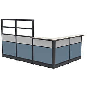 SKUTCHI DESIGNS INC. L-Shaped Reception Station with Glass Panel and Transaction Top | Reception Desk with Storage | Emerald Cubicle Collection | 6x9x65 H | Sea Salt