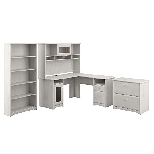 Bush Furniture Cabot L Desk with Hutch, Lateral File and 5 Shelf Bookcase, Linen White Oak