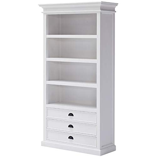 NovaSolo Halifax Pure White Mahogany Wood Bookcase With 4 Shelves And 3 Drawers