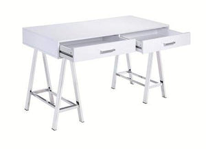 Knocbel Home Office Writing Desk Workstation Laptop Table with 2 Drawers & Metal Base, High Gloss Finish, 54" L x 22" W x 32" H (High Gloss White and Chrome)