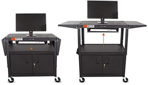 Stand Steady Line Leader Large AV Cart with Locking Cabinet & Drop Leaves, Rolling Height Adjustable Utility Cart with Pullout Laptop Keyboard Tray & Cord Management, Narrow Mobile Workstation (Black, 54 x 18)