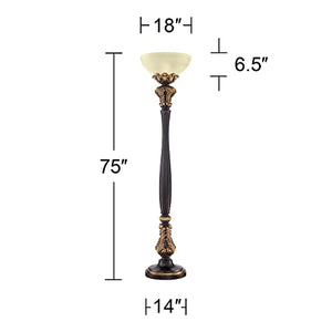 Barnes and Ivy Victorian Torchiere Floor Lamp 75" - Carved Wood Amber Glass Shade