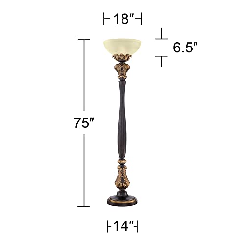 Barnes and Ivy Victorian Torchiere Floor Lamp 75" - Carved Wood Amber Glass Shade