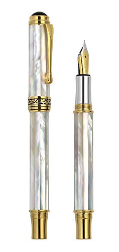 Xezo Maestro Handcrafted from Oceanic Origin Iridescent White Mother of Pearl Serialized Fine Fountain Pen. 18K Gold, Platinum Plated. No Two Alike