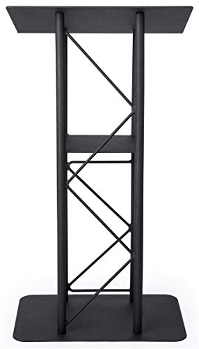 Displays2go Black Aluminum and Steel Truss Lectern with Built-in Shelf, 47" Tall, Textured Finish