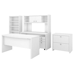 Office by kathy ireland Echo Bow Front Desk, Credenza with Hutch, Bookcase and File Cabinets in Pure White