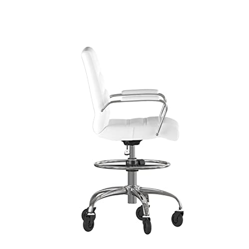 Flash Furniture Lexi Mid-Back Drafting Chair with Adjustable Foot Ring - White LeatherSoft Upholstery