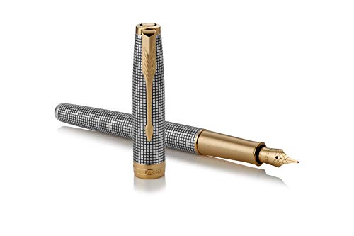 PARKER Sonnet Fountain Pen, Prestige Chiseled Silver with Gold Trim, Solid 18k Gold Medium Nib