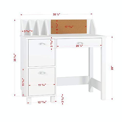 Knocbel 36in Computer Desk with 3 Storage Drawers, Built-in Bulletin Board and Dividers, Home Office Workstation Writing Table, 100lbs Weight Capacity (Pure White)