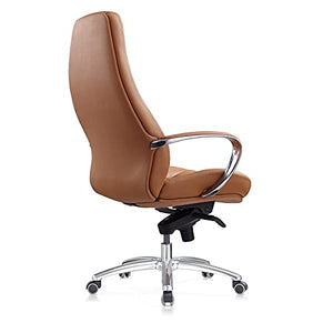 FURIJING Genuine Leather High Back Office Chair with Aluminum Swivel Base - Brown