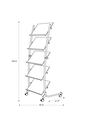 Alba - Mobile Display - Floor Standing Magazine Rack - Document and Newspapers Holder -5 Levels - 3 A4 Documents - Metallic - 4 Castors and Brakes - Easy Assembly - Gray and Black - DD5GM
