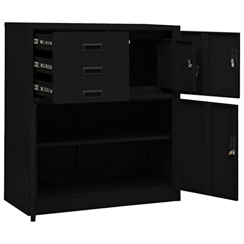 HLELU Modern Steel and Glass Office Storage Cabinet, Adjustable Shelves, Secure File Organization - Black, 35.4" x 15.7" x 70.9