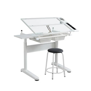 JTDISHINY Drafting Table Drawing Desk with Drawers and Stool (White)