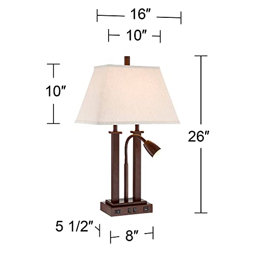 Possini Euro Design Deacon 26" High Industrial Modern Desk Lamps Set of 2 - Brown Bronze Finish Metal Oatmeal Shade - USB Port AC Power Outlet - Gooseneck - Home Office Living Room Charging