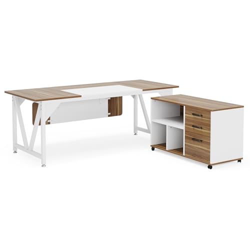 Tribesigns Executive Desk with File Cabinet Combo, L-Shaped Computer Desk, 3 Drawers, White