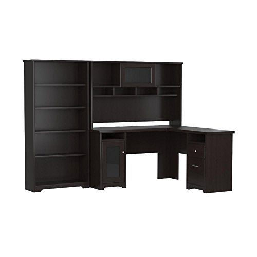 Cabot L Shaped Desk with Hutch and 5 Shelf Bookcase in Espresso Oak