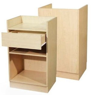 Wood Cash Register Stand, Adjustable Shelf, Drawer, 24"W X 38"H X 18"D (Maple Melamine)