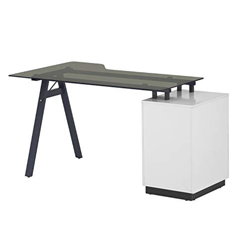 Techni Mobili Modern Smoke Tempered Glass top & Storage Home Office Computer Writing Desk Workstation with Two Cupholders and a Headphone Hook-Pine, White