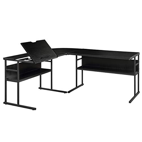 Merax L-Shaped Bottom Bookshelves, Multi-Function Drafting Drawing Table with Tiltable Desktop Desk, 59" L x 67" W x 29.5" H, Black