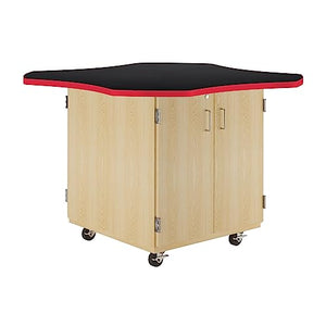 Diversified Woodcrafts Mobile Collaboration School Workstation, 60"x60"x30", Wave Design, Black Top, Red Edge, Oak, 2 Cabinets, Makerspace, Art Classroom