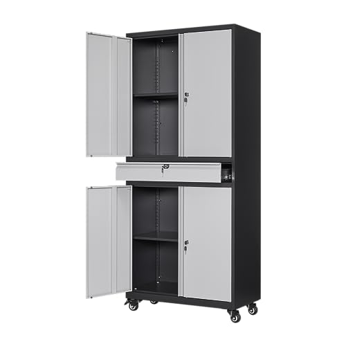Yizosh Metal Garage Storage Cabinet with Locking Doors, Adjustable Shelves, and Drawer - 73" Steel Rolling Tool Cabinet