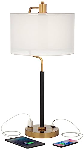 Possini Euro Design Carlyle 30 1/2" Tall Large Mid Century Modern Glam Luxe Desk Lamps Set of 2 - Black Gold Metal Shade with USB Port and Smart Socket for Home Office and Living Room Charging