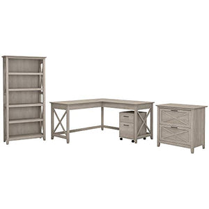Bush Furniture Key West L Shaped Desk with File Cabinets and Bookcase, 60W, Washed Gray