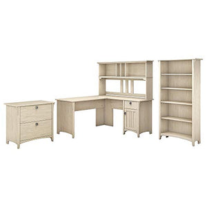 Bush Furniture Salinas L Shaped Desk with Hutch, Lateral File, and Bookcase, 60W, Antique White