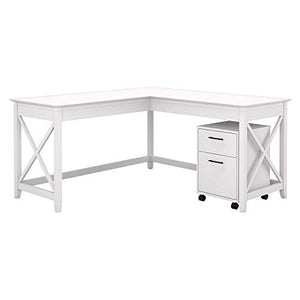 Bush Furniture Key West 60W L Shaped Desk with Mobile File Cabinet, Pure White Oak