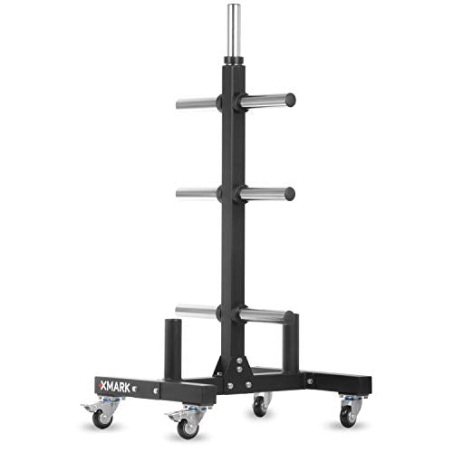 XMark Commercial Olympic Weight Plate Vertical Storage Tree, 750 lb Capacity, with Two Bar Holders and Transport Wheels