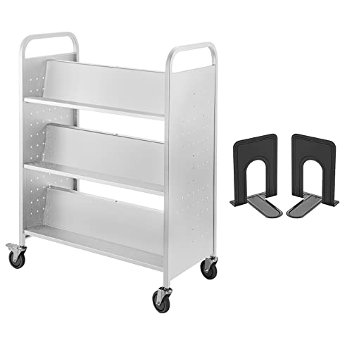 VEVOR Library Cart, 200lbs Rolling Book Cart with Lockable Wheels, 35x19x49 Inch, White