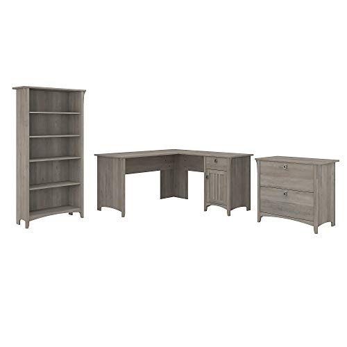 Bush Furniture Salinas L Shaped Desk with Lateral File Cabinet and 5 Shelf Bookcase, 60W, Driftwood Gray