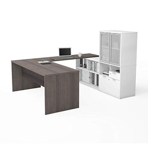 Bestar i3 Plus U-Shaped Executive Desk with Frosted Glass Doors Hutch, 72W, Bark Grey