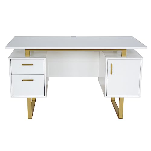 Techni Mobili Modern Office Desk with Storage Drawers and Cabinet, White/Gold