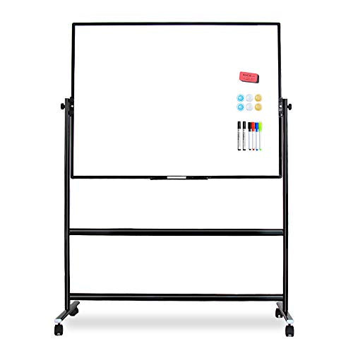 VIZ-PRO Double-Sided Magnetic Mobile Whiteboard, Height Adjustable, Dry Erase Board with 6 Markers, 6 Magnets, 1 Eraser and 2 Hooks, 72 x 36 Inches, Black