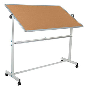 EMMA + OLIVER 62.5"W x 62.25"H Reversible Mobile Cork Bulletin Board and White Board with Pen Tray