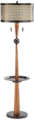Franklin Iron Works Rustic Farmhouse Floor Lamp with Tray Table and USB Port 64.75" Tall - Painted Bronze Faux Wood Oatmeal Linen Drum Shade